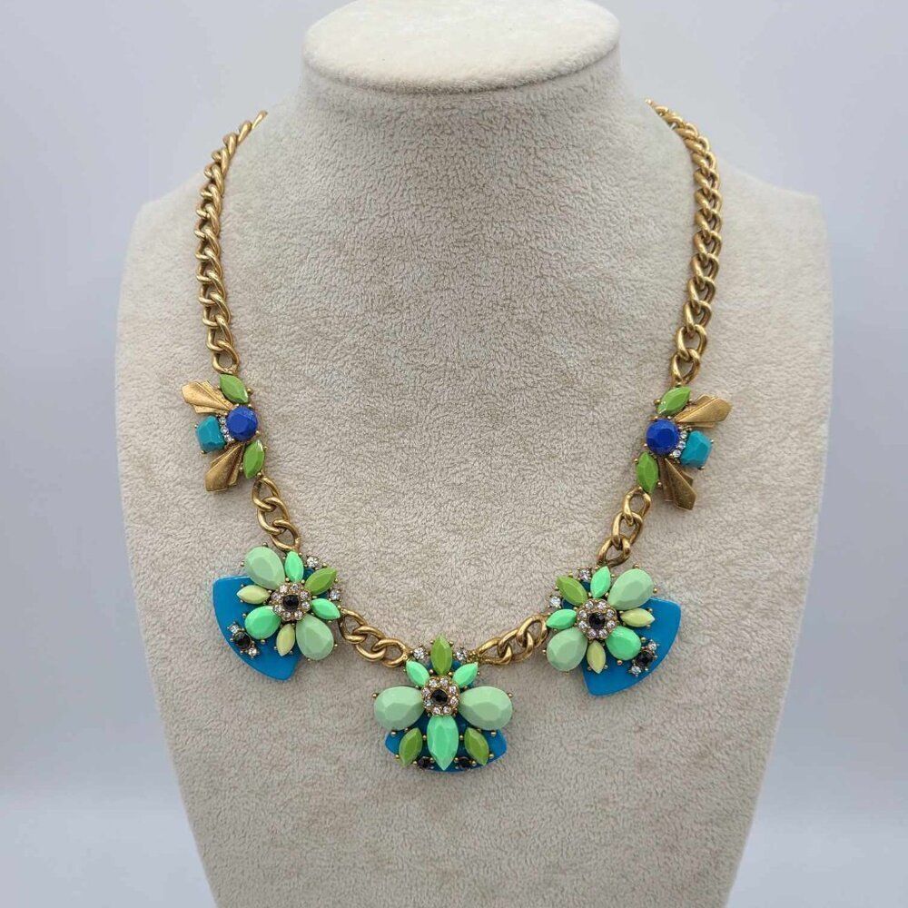 J Crew Blue Resin Clear Crystal Gold Tone Statement Necklace